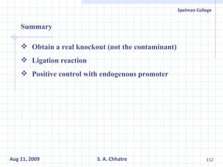 Summary Obtain a real knockout (not the contaminant) Ligation reaction Positive control with endogenous promoter 