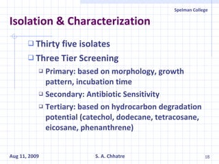 Isolation & Characterization Thirty five isolates Three Tier Screening Primary: based on morphology, growth pattern, incubation time Secondary: Antibiotic Sensitivity Tertiary: based on hydrocarbon degradation potential (catechol, dodecane, tetracosane, eicosane, phenanthrene) 