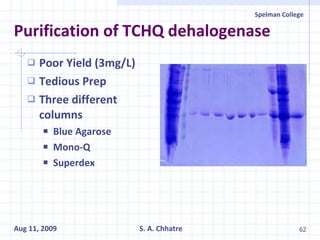 Purification of TCHQ dehalogenase Poor Yield (3mg/L) Tedious Prep Three different columns Blue Agarose Mono-Q Superdex 