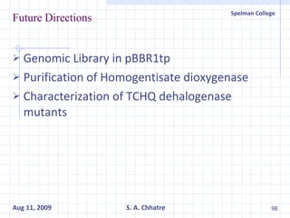 Future Directions Genomic Library in pBBR1tp Purification of Homogentisate dioxygenase Characterization of TCHQ dehalogenase mutants 