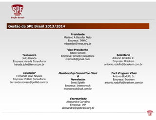 Gestão da SSPPEE BBrraassiill 22001133//22001144 
PPrreessiiddeennttee 
MMaarriiaannoo AA BBaacceellllaarr NNeettoo 
EEmmpprreessaa:: IINNNNAACC 
mmbbaacceellllaarr@@iinnnnaacc..oorrgg..bbrr 
VViiccee--PPrreessiiddeennttee 
EEddssoonn SSiimmiieellllii 
EEmmpprreessaa:: SSiimmiieellllii CCoonnssuullttoorriiaa 
eerrssiimmiieellllii@@ggmmaaiill..ccoomm 
TTeessoouurreeiirroo 
JJuulliioo HHaarraaddaa 
EEmmpprreessaa::HHaarraaddaa CCoonnssuullttoorriiaa 
hhaarraaddaa..jjuulliioo@@tteerrrraa..ccoomm..bbrr 
CCoouunncciilloorr 
FFeerrnnaannddoo JJoosséé NNoovvaaeess 
EEmmpprreessaa:: PPoolliillaabb CCoonnssuullttoorriiaa 
ffeerrnnaannddoo..nnoovvaaeess@@ppoolliillaabb..ccoomm..bbrr 
SSeeccrreettáárriioo 
AAnnttoonniioo RRooddoollffoo JJrr.. 
EEmmpprreessaa:: BBrraasskkeemm 
aannttoonniioo..rrooddoollffoo@@bbrraasskkeemm..ccoomm..bbrr 
MMeemmbbeerrsshhiipp CCoommmmiitttteeee CChhaaiirr 
&& 
NNeewwsslleetttteerr 
EErrnnsstt SSppiieetthh 
EEmmpprreessaa:: IInntteerrccoonnssuulltt 
iinntteerrccoonnssuulltt@@uuooll..ccoomm..bbrr 
TTeecchh PPrrooggrraamm CChhaaiirr 
AAnnttoonniioo RRooddoollffoo JJrr.. 
EEmmpprreessaa:: BBrraasskkeemm 
aannttoonniioo..rrooddoollffoo@@bbrraasskkeemm..ccoomm..bbrr 
SSeeccrreettaarriiaaddoo 
AAlleessssaannddrraa CCaarrvvaallhhoo 
EEmmpprreessaa:: IINNPP 
aalleessssaannddrraa@@ssppeebbrraassiill..oorrgg..bbrr 
 