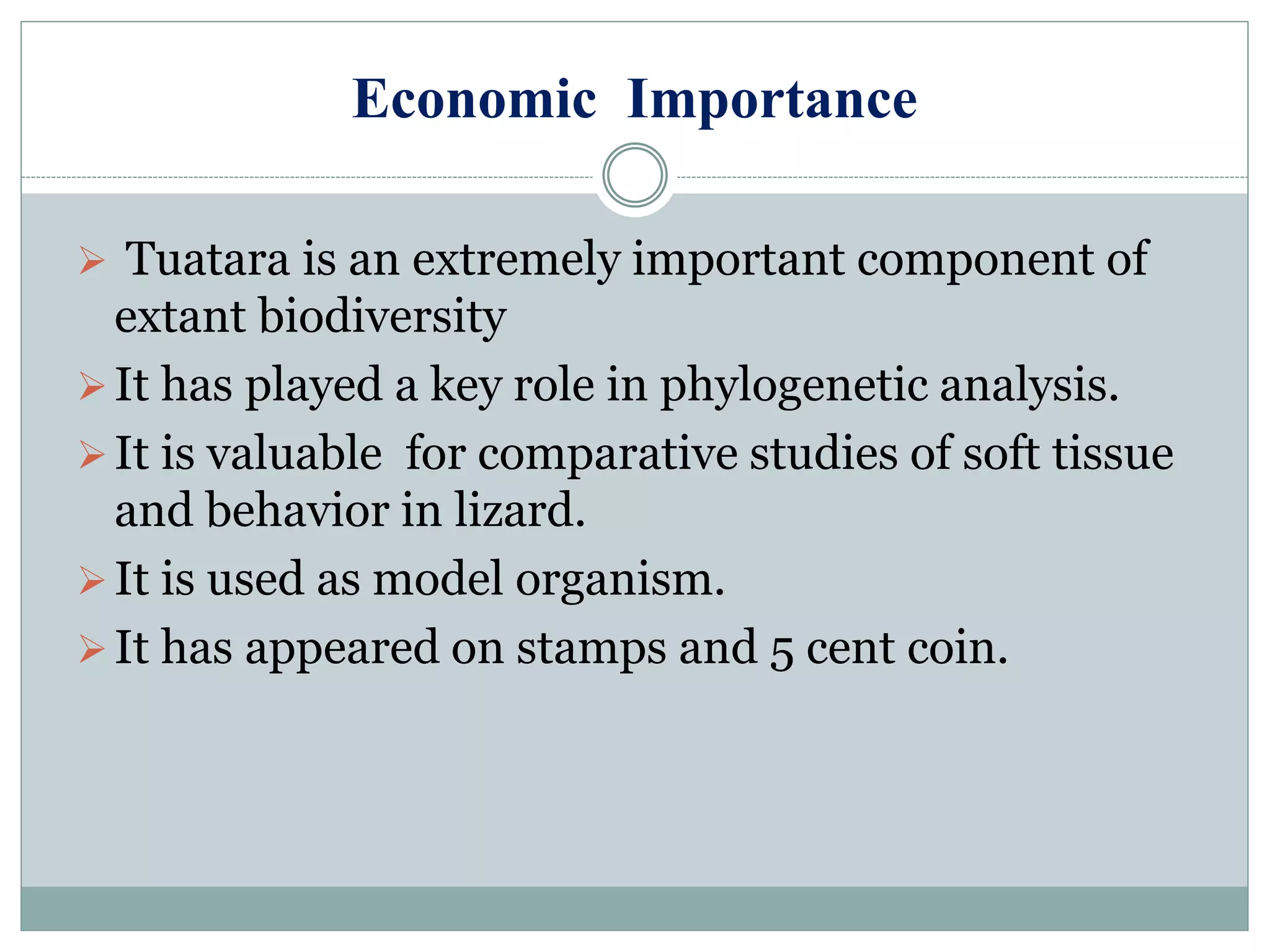 Economic Importance
 Tuatara is an extremely important component of
extant biodiversity
It has played a key role in phylogenetic analysis.
It is valuable for comparative studies of soft tissue
and behavior in lizard.
It is used as model organism.
It has appeared on stamps and 5 cent coin.
 