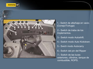 1.- Switch de alta/baja en vacio.
(Conejo/Tortuga)
2.- Switch de traba de los
Implementos.
3.- Switch modo Autoshift.
4.- Switch modo Auto Kickdown.
5.- Swich modo Autocarry
6.- Switch del pin del Ripper
7.- Switch de las luces
exteriores, cilindros, tanque de
combustible, ROPS.
 