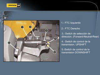 1.- FTC Izquierdo
2.- FTC Derecho
3.- Switch de selección de
direccion. (Forward-Neutral-Rear)
4.- Switch de control de la
transmision. UPSHIFT
5.-Switch de control de la
transmision DOWNSHIFT
 