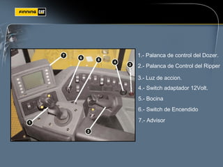 1.- Palanca de control del Dozer.
2.- Palanca de Control del Ripper
3.- Luz de accion.
4.- Switch adaptador 12Volt.
5.- Bocina
6.- Switch de Encendido
7.- Advisor
 