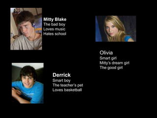 Mitty BlakeThe bad boyLoves musicHates schoolOliviaSmart girlMitty’s dream girlThe good girlDerrickSmart boyThe teacher’s petLoves basketball
