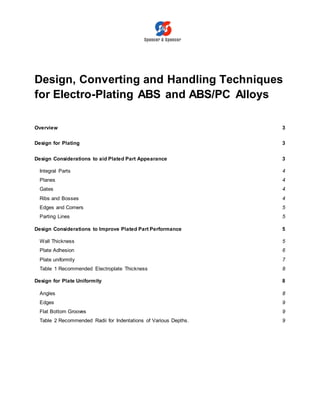 Design, Converting and Handling Techniques
for Electro-Plating ABS and ABS/PC Alloys
Overview 3
Design for Plating 3
Design Considerations to aid Plated Part Appearance 3
Integral Parts 4
Planes 4
Gates 4
Ribs and Bosses 4
Edges and Corners 5
Parting Lines 5
Design Considerations to Improve Plated Part Performance 5
Wall Thickness 5
Plate Adhesion 6
Plate uniformity 7
Table 1 Recommended Electroplate Thickness 8
Design for Plate Uniformity 8
Angles 8
Edges 9
Flat Bottom Grooves 9
Table 2 Recommended Radii for Indentations of Various Depths. 9
 
