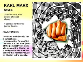KARL MARX ISSUES: *Conflict – the main source of social change * Societal harmony is just an illusion. RELATIONSHIP: We used the clenched fist a symbol as a representation for conflict because it is the main point of the perspective of Marx. We also put the illusion as a background because He believe that harmony is just an illusion in the society.  