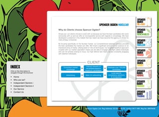 SpenceR
                                                                                                                                      SpenceR
                                                                                                                                      Ogden
                                                                                          spenceR Ogden NUCLEAR                       OIL+GAS
                                  Why do Clients choose Spencer Ogden?                                                                SpenceR




                                Ogden
                                                                                                                                      Ogden
                                  Simply put, our clients choose to work with us because we have the best candidates who work
                                  exclusively with us and we offer an incomparable service with regards to knowledge. We have
                                                                                                                                      RENEWABLES
                                  developed a presence in the market that has meant we have become the agency of choice for
                                  many energy companies.
                                                                                                                                      SpenceR
                                  By focusing specifically on the Nuclear market, our comprehensive selection process provides        Ogden
                                  the best candidates the market can offer. We invest a significant amount of our revenue on an       Nuclear
                                  impressive array of media, utilising state-of -the-art techniques. Our targeted headhunt approach

                                Filling the energy skills gap ®                                                                       SpenceR
                                  coupled with our market specialism means we are able to engage with high calibre individuals
                                  who are not actively looking to move. Our high referral rate means we are constantly engaging
                                  with talented individuals.                                                                          Ogden
                                                                                                                                      POWER
                                                                                                                                      SpenceR
                                                                         client                                                       Ogden
                                                                        Internal network of                                           SMART
                                        Consultant market                                            Database over 150,000
                                                                        candidates/passive
                                           knowledge                                                      candidates
Click on the links below to                                            headhunt candidates
                                                                                                                                      SpenceR
navigate through the brochure                                                                            Local payroll,               Ogden
•	 Home
                                            Advertising                Web 2.0 networking             compliancy solutions
                                                                                                         & immigration
                                                                                                                                      MINING
•	 Who are we?
•	 Independent Sectors i
                                                                                                                                      SpenceR
                                                                                                                                      Ogden
•	 Independent Sectors ii 	                                                                                                           FINANCE
•	 Our Service	
•	 Contact Us	                                                                                                                        SpenceR
                                                                                                                                      Ogden
                                                                                                                                      TRADING


                                                                       Spencer Ogden Ltd. Reg Address: 33 Charlotte St, London W1T 1RR. Reg No: 06979438
 
