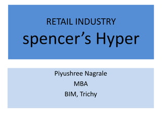 RETAIL INDUSTRY
spencer’s Hyper
Piyushree Nagrale
MBA
BIM, Trichy
 