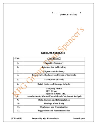 (…………………………………….)
                                             (PROJCET GUIDE)




                           TABEL OF CONTENTS

  S.No.                           CONTENTS
     1.                        Executive Summary
     2.                      Introduction to Retailing
     3.                       Objective of the Study
     4.           Research Methodology and Scope of the Study

     5.                        Assumption of Study

     6.                 Retail Sector and its scope in India

     7.                         Company Profile
                                RPG Group
                                Spencer’s Retail Ltd.
     8.      Introduction to Market Potential and Catchment Analysis
     9.                 Data Analysis and Interpretation
     10.                      Findings of the Study
     11.                  Challenges and Opportunities
     12.                Suggestions and Recommendation


[ICBM-SBE]        Prepared by Ajay Kumar Gupta                 Project Report
 