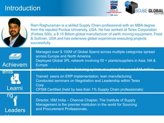 Introduction
Ram Raghuraman is a skilled Supply Chain professional with an MBA degree
from the reputed Purdue University, USA. He has worked at Terex Corporation
(Forbes 500), a $ 10 Billion global manufacturer of earth moving equipment, Frost
& Sullivan, USA and has extensive global experience executing projects
successfully.
Achievem
ents
Managed over $ 100M of Global Spend across multiple categories spread
across Europe and North America
Deployed Global 3PL network involving 50 + plants/suppliers in Asia, NA &
Europe
Implemented lean manufacturing system at a plant that saved $48 million
Trained peers on ERP implementation, lean manufacturing
Conducted seminars on Negotiation and Leadership within Terex
Corp
CPSM Certified (held by less than 1% Supply Chain professionals)Learni
ng
Leaders
hip
Director, ISM India – Chennai Chapter. The Institute of Supply
Management is the premier institution in the world for Sourcing
and Procurement Professionals.
 