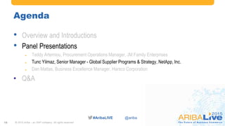 #AribaLIVE @ariba
Agenda
© 2015 Ariba – an SAP company. All rights reserved.19
• Overview and Introductions
• Panel Presentations
 Teddy Artemiou, Procurement Operations Manager, JM Family Enterprises
 Tunc Yilmaz, Senior Manager - Global Supplier Programs & Strategy, NetApp, Inc.
 Dan Mattas, Business Excellence Manager, Harsco Corporation
• Q&A
 