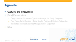 #AribaLIVE @ariba
Agenda
© 2015 Ariba – an SAP company. All rights reserved.2
• Overview and Introductions
• Panel Presentations
 Teddy Artemiou, Procurement Operations Manager, JM Family Enterprises
 Tunc Yilmaz, Senior Manager - Global Supplier Programs & Strategy, NetApp, Inc.
 Dan Mattas, Business Excellence Manager, Harsco Corporation
• Q&A
 