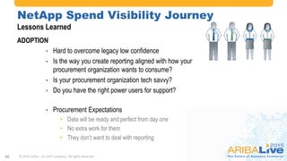 #AribaLIVE @ariba
© 2015 Ariba – an SAP company. All rights reserved.26
ADOPTION
• Hard to overcome legacy low confidence
• Is the way you create reporting aligned with how your
procurement organization wants to consume?
• Is your procurement organization tech savvy?
• Do you have the right power users for support?
• Procurement Expectations
• Data will be ready and perfect from day one
• No extra work for them
• They don’t want to deal with reporting
NetApp Spend Visibility Journey
Lessons Learned
 