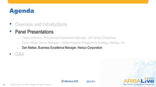 #AribaLIVE @ariba
Agenda
© 2015 Ariba – an SAP company. All rights reserved.28
• Overview and Introductions
• Panel Presentations
 Teddy Artemiou, Procurement Operations Manager, JM Family Enterprises
 Tunc Yilmaz, Senior Manager - Global Supplier Programs & Strategy, NetApp, Inc.
 Dan Mattas, Business Excellence Manager, Harsco Corporation
• Q&A
 