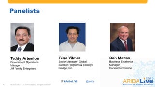 #AribaLIVE @ariba
Panelists
© 2015 Ariba – an SAP company. All rights reserved.4
Dan Mattas
Business Excellence
Manager
Harsco Corporation
Teddy Artemiou
Procurement Operations
Manager
JM Family Enterprises
Tunc Yilmaz
Senior Manager - Global
Supplier Programs & Strategy
NetApp, Inc.
 