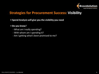 Strategies for Procurement Success: Visibility
              • Spend Analysis will give you the visibility you need

              • Do you know?
                - What am I really spending?
                - With whom am I spending it?
                - Am I getting what’s been promised to me?




©ALL RIGHTS RESERVED - Confidential
©ALL RIGHTS RESERVED - Confidential                                    4
                                                                       4
 