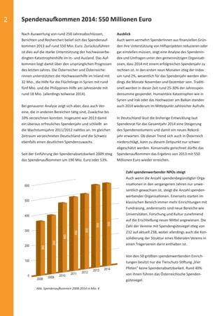2 Spendenaufkommen 2014: 550 Millionen Euro
Nach Auswertung von rund 250 Jahresabschlüssen,
Berichten und Recherchen belief sich das Spendenauf-
kommen 2013 auf rund 550 Mio. Euro. Zurückzuführen
ist dies auf die starke Unterstützung der hochwasserbe-
dingten Katastrophenhilfe im In- und Ausland. Das Auf-
kommen liegt damit über den ursprünglichen Prognosen
des letzten Jahres. Die Österreicher und Österreiche-
rinnen unterstützten die Hochwasserhilfe im Inland mit
32 Mio., die Hilfe für die Flüchtlinge in Syrien mit rund
fünf Mio. und die Philippinen-Hilfe am Jahresende mit
rund 18 Mio. (allerdings teilweise 2014).
Bei genauerer Analyse zeigt sich aber, dass auch Ver-
eine, die in anderen Bereichen tätig sind, Zuwächse bis
10% verzeichnen konnten. Insgesamt war 2013 damit
ein überaus erfreuliches Spendenjahr und schließt an
die Wachstumsjahre 2011/2012 nahtlos an. Im gleichen
Zeitraum verzeichneten Deutschland und die Schweiz
ebenfalls einen deutlichen Spendenzuwachs.
Seit der Einführung der Spendenabsetzbarkeit 2009 stieg
das Spendenaufkommen um 190 Mio. Euro oder 53%.
Ausblick
Auch wenn vermehrt SpenderInnen aus ﬁnanziellen Grün-
den ihre Unterstützung von Hilfsprojekten reduzieren oder
gar einstellen müssen, zeigt eine Analyse des Spendenin-
dex und Umfragen unter den gemeinnützigen Organisati-
onen, dass 2014 mit einem erfolgreichen Spendenjahr zu
rechnen ist. In den ersten neun Monaten stieg der Index
um rund 2%, wesentlich für das Spendenjahr werden aller-
dings die Monate November und Dezember sein. Traditi-
onell werden in dieser Zeit rund 25-30% der Jahresspen-
densumme gespendet. Humanitäre Katastrophen wie in
Syrien und Irak oder das Hochwasser am Balkan standen
auch 2014 wiederum im Mittelpunkt zahlreicher Aufrufe.
In Deutschland lässt die bisherige Entwicklung laut
Spendenrat für das Gesamtjahr 2014 eine Steigerung
des Spendenvolumens und damit ein neues Rekord-
jahr erwarten. Ob dieser Trend sich auch in Österreich
niederschlägt, kann zu diesem Zeitpunkt nur schwer
abgeschätzt werden. Konservativ gerechnet dürfte das
Spendenaufkommen das Ergebnis von 2013 mit 550
Millionen Euro wieder erreichen.
Abb. Spendenaufkommen 2008-2014 in Mio. €
600
500
400
300
200
100
0 2009 2010
2011 2012
2013 2014
2008
360
390
460
490
500
550
550
Zahl spendenwerbender NPOs steigt
Auch wenn die Anzahl spendenbegünstigter Orga-
nisationen in den vergangenen Jahren nur unwe-
sentlich gewachsen ist, steigt die Anzahl spenden-
werbender Organisationen. Einerseits starten im
klassischen Bereich immer mehr Einrichtungen mit
Fundraising, andererseits sind neue Bereiche wie
Universitäten, Forschung und Kultur zunehmend
auf die Erschließung neuer Mittel angewiesen. Die
Zahl der Vereine mit Spendengütesiegel stieg von
232 auf aktuell 238, wobei allerdings auch die Kon-
solidierung der Struktur eines föderalen Vereins in
einen Trägerverein darin enthalten ist.
Von den 50 größten spendenwerbenden Einrich-
tungen besitzt nur die Tierschutz-Stiftung „Vier
Pfoten“ keine Spendenabsetzbarkeit. Rund 40%
von ihnen führen das Österreichische Spenden-
gütesiegel.
spendenbericht_2014-final-druck.indd Abs2:2 16.12.14 23:24
 