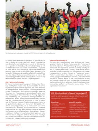 SPENDENGUIDE 2020/2127WIRTSCHAFT HILFT!
Foundation einen besonderen Schwerpunkt auf die Jugendförde-
rung im Bereich der digitalen Welt und IT gesetzt“, so Kreiner, der
auch Botschafter des YouthHackathon-Awards ist. „Hier investie-
ren wir gezielt in die digitale Zukunft, welche die Grundlage für wirt-
schaftliches Wachstum und sozialen Fortschritt bildet.“ Sage DPW
sei immer auf der Suche nach jungen Talenten mit digitalen Kom-
petenzen sowie frischen und innovativen Ideen. Besonders in Zei-
ten großen Wettbewerbs um qualifizierte Fachkräfte sei die Förde-
rung des digitalen Nachwuchses wichtiger denn je. Kreiner: „Mit
unserem Engagement im Bereich von Hackathons wollen wir junge
Menschen für die digitalen Jobs der Zukunft begeistern.“
Eine Plattform für Freiwillige
Für Menschen, die sich sozial engagieren möchten, haben Hanna
Lutz und Stephanie Frost in vielen deutschen Städten die Online-
Engagementplattform vostel.de gegründet. Hier finden Menschen,
die Freiwilligenarbeit leisten möchten, Einsatzmöglichkeiten bei
­sozialen Organisationen, die Unterstützung benötigen. Neben der
Vermittlung von Privatpersonen in gemeinnützige Projekte unter-
stützt vostel.de auch Unternehmen bei der Planung, Organisation
und Durchführung von Corporate-Volunteering-Aktivitäten. „Für
Unternehmen, die ihre gesellschaftliche Verantwortung wahrneh-
men und ihren Mitarbeitenden ermöglichen möchten, sich wäh-
rend der Arbeitszeit in sozialen Projekten zu engagieren, bieten wir
ein großes Paket an Leistungen: Über unsere Onlineplattform fin-
den sie Einsatzmöglichkeiten, die zu ihnen passen, und können
sich einfach dafür anmelden“, so Stephanie Frost. Für kurzfristige
Einsätze eignen sich vor allem tatkräftige Hands-on-Aktivitäten,
wie Renovierungs- und Gartenarbeiten, Sortieraktionen, Müllsam­
melaktionen, Ausflüge mit verschiedenen Zielgruppen und vieles
mehr. Bei diesen Tätigkeiten steht der Aufwand, die Freiwilligen
einzuarbeiten, im Verhältnis zum Nutzen. Diese Hilfe ist auch sinn-
voll, wenn sich Freiwillige nur einmalig engagieren.
Das Agenturnetzwerk dentsu austria unterstützt seit 2011 den Verein Lebenshilfe mit Freiwilligenarbeit.
Herausforderung Covid-19
Eine besondere Herausforderung stellte der Einsatz von Freiwilli-
genarbeit in Zeiten der Corona-Pandemie dar. „Die Pandemie und
das damit verbundene ‚Physical Distancing‘ führte zunächst dazu,
dass sich in den vergangenen Monaten nur wenige Freiwillige di-
rekt vor Ort engagieren durften“, so Frost. „Verglichen mit den Vor-
jahren konnten wir von März bis Juni 70 Prozent weniger Engage-
mentangebote mit direktem Kontakt zu Personen auf unserer
Plattform veröffentlichen. Also haben wir umgedacht und neue
(Online-)Engagementmöglichkeiten entworfen.“ Inzwischen findet
man auf der Plattform doppelt so viele Einsatzangebote, die man
von zu Hause aus erledigen kann. „So haben wir zum Beispiel On-
line-Hausaufgabenhilfe für geflüchtete Kinder, Online-Bewerbungs-
trainings oder das Testen von Webseiten unserer sozialen Partner-
organisationen angeboten.“
Ist Ihr Unternehmen bereits im Corporate Volunteering aktiv?
Mit Corporate Volunteering leisten Unternehmen einen gesellschaftlichen Beitrag,
indem sie die Zeit ihrer Mitarbeitenden für den guten Zweck zur Verfügung stellen.
Das Beste daran ist, dass beide Seiten davon profitieren:
Infos und Download Infobroschüre: www.zeitspende.at/#covo
Unternehmen
» Steigerung der Zufriedenheit
am Arbeitsplatz
» Bindung von Mitarbeiter*innen
» Kompetenzentwicklung
» Know-how-Transfer
» Employer Branding
Nonprofit-Organisation
» Erweiterung der Ressourcen für die
Zweckerfüllung der Organisation
» Gewinnung von Unterstützer*innen und
strategisch wichtigen Partner*innen
» Awareness für gesellschaftlich ­relevante
Problemstellungen
 