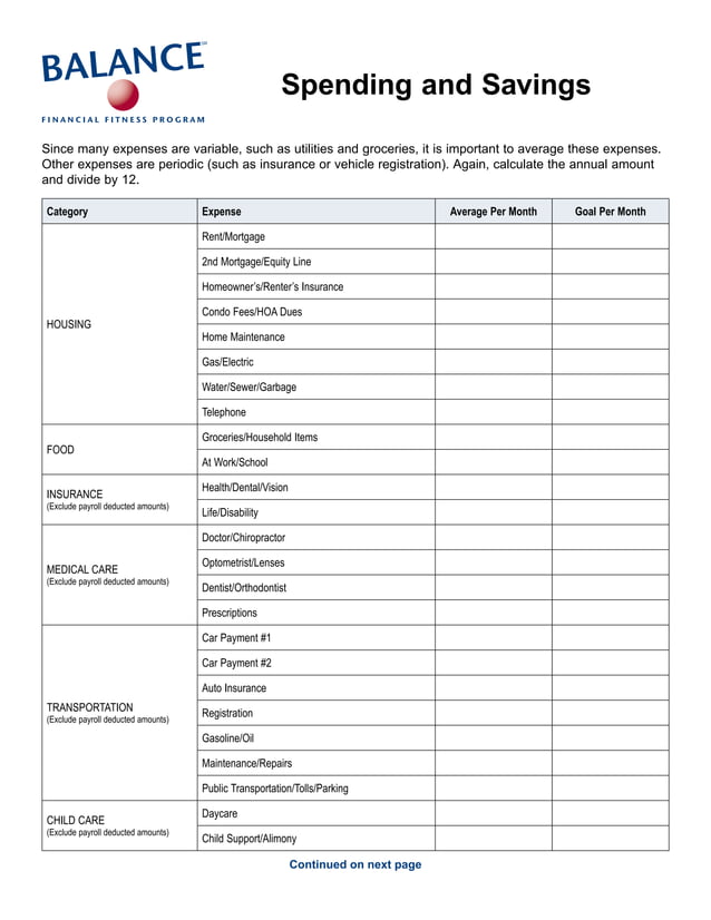 Spending And Savings Worksheet