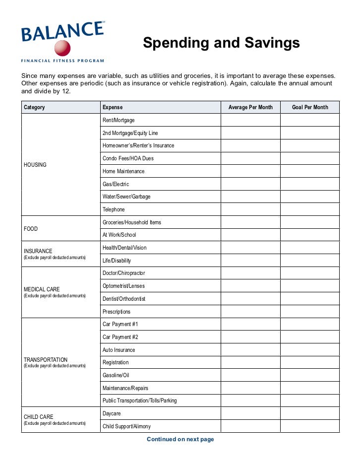 spending and savings worksheet