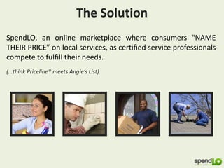 The Solution
SpendLO, an online marketplace where consumers “NAME
THEIR PRICE” on local services, as certified service professionals
compete to fulfill their needs.
(…think Priceline® meets Angie’s List)
 