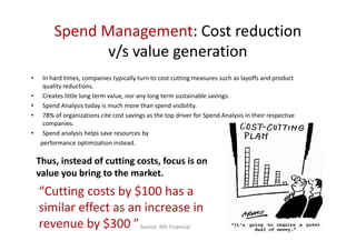 Spend Management: Cost reduction
                 v/s value generation
•     In hard times, companies typically turn to cost cutting measures such as layoffs and product
      quality reductions.
•     Creates little long term value, nor any long term sustainable savings.
•     Spend Analysis today is much more than spend visibility.
•     78% of organizations cite cost savings as the top driver for Spend Analysis in their respective
      companies.
•     Spend analysis helps save resources by
     performance optimization instead.

    Thus, instead of cutting costs, focus is on
    value you bring to the market.
    “Cutting costs by $100 has a
    similar effect as an increase in
    revenue by $300 ” Source NPI Financial
 