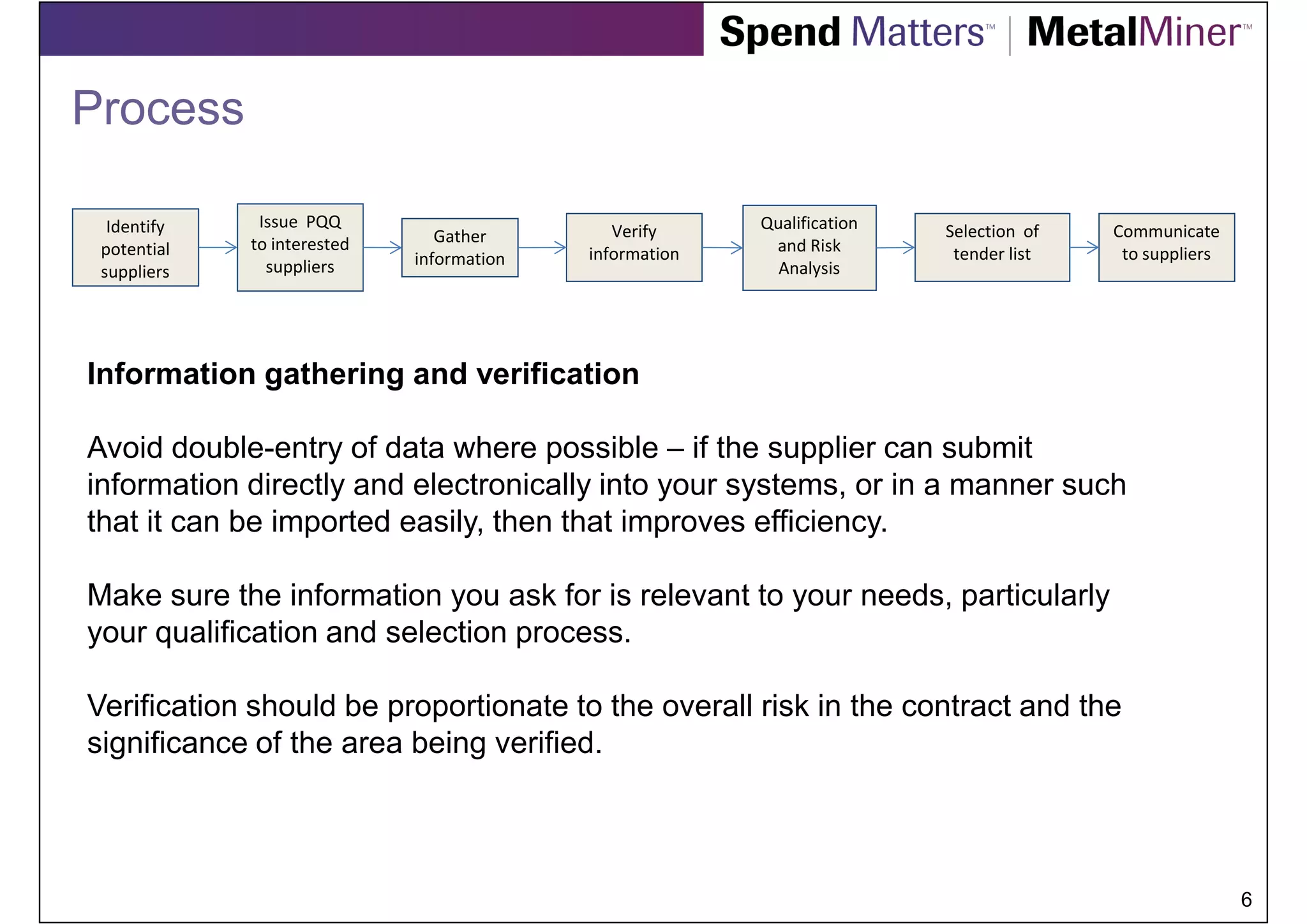 Process

  Identify    Issue PQQ                                  Qualification
                                Gather        Verify                     Selection of   Communicate
 potential   to interested                                and Risk
                             information   information                    tender list    to suppliers
 suppliers     suppliers                                   Analysis




Information gathering and verification

Avoid double-entry of data where possible – if the supplier can submit
information directly and electronically into your systems, or in a manner such
that it can be imported easily, then that improves efficiency.

Make sure the information you ask for is relevant to your needs, particularly
your qualification and selection process.

Verification should be proportionate to the overall risk in the contract and the
significance of the area being verified.




                                                                                                        6
 