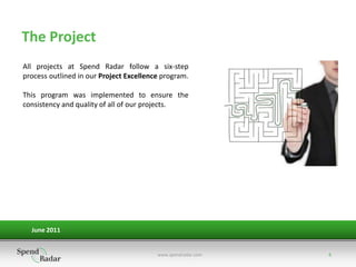 The Project
All projects at Spend Radar follow a six-step
process outlined in our Project Excellence program.

This program was implemented to ensure the
consistency and quality of all of our projects.




  June 2011


                                         www.spendradar.com   6
 