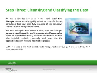 Step Three: Cleansing and Classifying the Data
All data is collected and stored in the Spend Radar Data
Manager module and managed by an internal team of solutions
consultants that have been fully informed of the company’s
business-specific categorization needs.
The Data Manager’s Rule Builder creates, edits and manages
company-specific supplier and transaction classification rules.
Based on our extensive history with data classification, we have
also included pre-built, commonly used rules into the
application to assist with the classification process.

Without the use of this flexible master data management module, a quick turnaround would not
have been possible.




  June 2011


                                          www.spendradar.com                               9
 