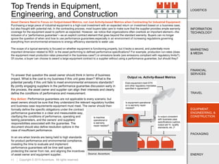 11
ENERGY
EQUIPMENT,
ENGINEERING, &
CONSTRUCTION
TRAVEL
FINANCIAL
SERVICES
MARKETING
& MEDIA
LOGISTICS
INFORMATION
TECHNOLOGY
PACKAGING
Copyright © 2015 Accenture. All rights reserved.
Top Trends in Equipment,
Engineering, and Construction
Asset Owners Need to Focus on Output-based Metrics, not Just Activity-based Metrics when Contracting for Industrial Equipment:
Purchasing a large piece of industrial equipment is a high-cost investment with an expected return on investment based on a business case,
but also fraught with potential risk. In the contracting process, most buyers take care to make sure that the supplier provides ample warranty
coverage for the equipment asset to perform as expected. However, we notice that organizations often overlook an important element—the
inclusion of a “performance guarantee”—as an explicit contract element that goes beyond the standard warranty. Buyers can no longer
ignore the question of when and how to use performance guarantees especially in an environment of increasing regulations governing
everything from environmental emissions to energy efficiency standards to water use.
The scope of a typical warranty is focused on whether equipment is functioning properly, but it lacks a second, and potentially more
important dimension related to ROI: is the asset performing to defined performance specifications? For example, production run-rates (does
the equipment meet production rates presumed in the business case?) or emissions levels (are emissions compliant with regulatory limits?).
Of course, a buyer can choose to award a large equipment contract to a supplier without using a performance guarantee, but should they?
To answer that question the asset owner should think in terms of business
impact. What is the cost to my business if this unit goes down? What is the
potential penalty if this unit fails to meet environmental emissions standards?
By jointly engaging suppliers in the performance guarantee discussion early in
the process, the asset owner and supplier can align their interests and clearly
define the conditions of performance and measurement.
Is machine
operational or
is warranty
repair needed?
Is output consistent
with business case
specifications (uptime,
output per hr. quality
standards, etc.)?
Is equipment operational
or is warranty repair
needed?
Does equipment meet EPA
and other regulatory mandates
specified in agreement?
Key Action: Performance guarantees are not applicable to every scenario, but
asset owners should be sure that they understand the relevant regulatory hurdles
and business case requirements equipment must meet. The owner should then
formally define the specific obligations under the contract
performance guarantee in a clear and measureable way,
clarifying the conditions of performance, operating and
testing parameters, and the owners’ and suppliers’
responsibilities associated with the guarantee. The
document should also define resolution options in the
case of insufficient performance.
In an era when brands are being held to high standards
for product performance and environmental compliance,
investing the time to evaluate and implement
performance guarantees will be time well spent,
protecting the owner from risk, and aligning the incentives
of asset owner and equipment supplier.
Output vs. Activity-Based Metrics
Source: Accenture
 