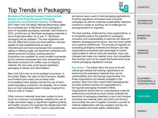 12
ENERGY
EQUIPMENT,
ENGINEERING, &
CONSTRUCTION
TRAVEL
FINANCIAL
SERVICES
MARKETING
& MEDIA
LOGISTICS
INFORMATION
TECHNOLOGY
PACKAGING
Copyright © 2015 Accenture. All rights reserved.
Top Trends in Packaging
Mandatory Packaging Changes Create Another
Reason to be Proactive about Packaging
Substitution and Redesign Options: In February
2013, New York City Mayor Michael Bloomberg called
for a complete ban of Styrofoam food packaging in
favor of recyclable packaging materials. Fast forward to
2015, and the ban on Styrofoam packaging materials is
set to finally take effect: as of July 1st, Styrofoam
packaging will be outlawed. The new regulations will
not only affect food trucks and local eateries—the ban
applies to food establishments as well as
manufacturers and bans businesses from possessing,
selling or offering single-use Styrofoam containers and
related products including “packing peanuts.”
Exemptions are available for some smaller businesses,
but for national businesses that have standardized on
Styrofoam products from coffee cups to shipping
material, the new rules could require significant
packaging re-design and reformulation.
New York City’s ban is not an isolated occurrence. In
the United States, the cities of San Francisco, Seattle
and Portland (and nearly one hundred other
municipalities) have already banned the use of foam-
based packaging containers, and globally, full or partial
bans on foam packaging exist in locales ranging from
Paris to India to Taiwan.
Other common materials have been subject to bans
(such as numerous municipalities outlawing the use of
single-use plastic bags) or significant negative publicity
and health concerns (for example the debate about the
safety of Bisphenol A or “BPA” used in polycarbonate
and epoxy resins used in food packaging applications).
Evolving regulations and grass-roots consumer
campaigns as well as corporate sustainability initiatives
combine to create an evolving set of challenges for
packaging teams to negotiate.
The best practice, evidenced by many organizations, is
to constantly explore the potential for packaging
innovation and substitutability to optimize the trade-off
between packaging performance, cost and local market
and customer preferences. The process of regularly re-
evaluating packaging materials and designs can help
organizations proactively take advantage of market
opportunities to reduce costs (for example, input cost
changes that make one material more cost-competitive
than another) and not be caught flat-footed when local-
market packaging regulations change.
Key Action: The drastic fall in the price of oil and
natural gas already has leading organizations re-
examining the packaging materials they use for
substitutability and cost savings opportunities. For
those organizations not already engaged in the
practice, New York City’s recent foam packaging ban
provides another incentive for organizations to
reinvigorate packaging innovation efforts.
Organizations should start by understanding customer
preferences and trends by local market, evaluate the
sensitivity of packaging materials to input cost changes
(including raw material, labor and other cost drivers),
and consider the use of supplier innovation councils to
institute collaboration with key suppliers and tap into
best practices and foster tighter collaboration.
 