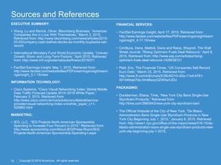 15 Copyright © 2015 Accenture. All rights reserved.
Sources and References
EXECUTIVE SUMMARY:
• Wang, Lu and Renick, Oliver, Bloomberg Business, “American
Companies Are in Love With Themselves,” March 3, 2015.
Retrieved from: http://www.bloomberg.com/news/articles/2015-
03-03/company-cash-bathes-stocks-as-monthly-buybacks-set-
record
• International Monetary Fund World Economic Update, “Uneven
Growth: Short- and Long-Term Factors,” April 2015. Retrieved
from: http://www.imf.org/external/pubs/ft/weo/2015/01/
• FactSet Earnings Insight: May 1, 2015, Retrieved from:
http://www.factset.com/websitefiles/PDFs/earningsinsight/earni
ngsinsight_5.1.15/view
INFORMATION TECHNOLOGY:
• Cisco Systems, “Cisco Visual Networking Index: Global Mobile
Data Traffic Forecast Update 2014–2019 White Paper,”
February 3, 2015. Retrieved from:
http://www.cisco.com/c/en/us/solutions/collateral/service-
provider/visual-networking-index-vni/white_paper_c11-
520862.html
MARKETING:
• IEG, LLC., “IEG Projects North American Sponsorship
Spending to Increase Four Percent in 2015.” Retrieved from:
http://www.sponsorship.com/About-IEG/Press-Room/IEG-
Projects-North-American-Sponsorship-Spending-t.aspx
FINANCIAL SERVCES:
• FactSet Earnings Insight, April 17, 2015, Retrieved from:
http://www.factset.com/websitefiles/PDFs/earningsinsight/earni
ngsinsight_4.17.15/view
• Cimilluca, Dana, Mattioli, Dana and Raice, Shayndi, The Wall
Street Journal, “Rising Optimism Fuels Deal Rebound,” April 8,
2015. Retrieved from: http://www.wsj.com/articles/rising-
optimism-fuels-deal-rebound-1428538721
• Platt, Eric, The Financial Times, “US Companies Sell Record
Euro Debt,” March 23, 2015. Retrieved from:
http://www.ft.com/intl/cms/s/0/36cf4210-cf2e-11e4-b761-
00144feab7de.html#axzz3ZW5wrUDU
PACKAGING:
• Dockterman, Eliana, Time, “New York City Bans Single-Use
Styrofoam Products.” Retrieved from:
http://time.com/3660943/new-york-city-styrofoam-ban/
• The Official Website of the City of New York. “De Blasio
Administration Bans Single-Use Styrofoam Products in New
York City Beginning July 1, 2015,” January 8, 2015. Retrieved
from: http://www1.nyc.gov/office-of-the-mayor/news/016-15/de-
blasio-administration-bans-single-use-styrofoam-products-new-
york-city-beginning-july-1-2015.
 