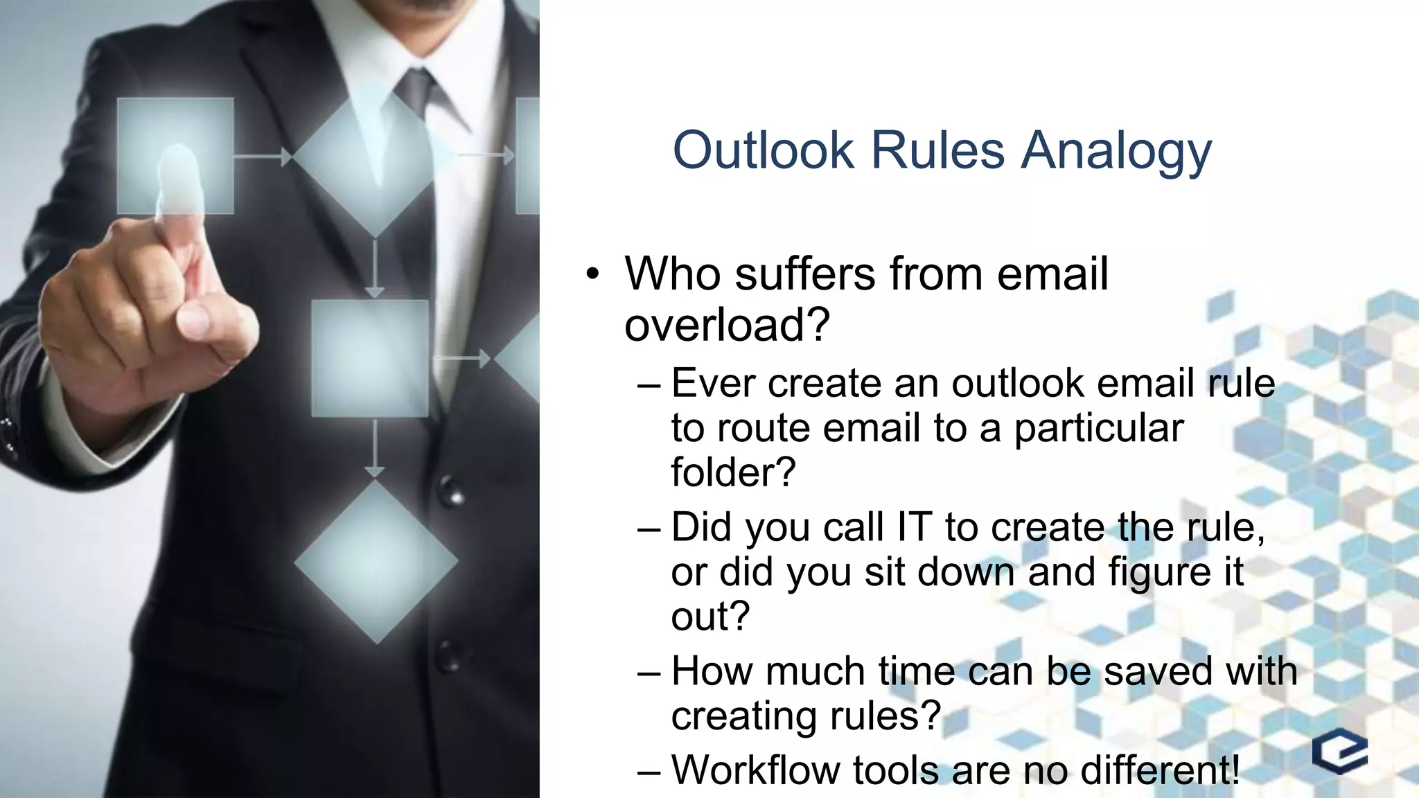 Outlook Rules Analogy
• Who suffers from email
overload?
– Ever create an outlook email rule
to route email to a particular
folder?
– Did you call IT to create the rule,
or did you sit down and figure it
out?
– How much time can be saved with
creating rules?
– Workflow tools are no different!
 