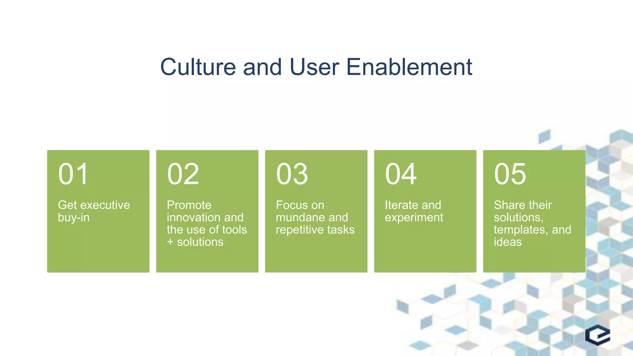 Culture and User Enablement
Get executive
buy-in
01
Promote
innovation and
the use of tools
+ solutions
02
Focus on
mundane and
repetitive tasks
03
Iterate and
experiment
04
Share their
solutions,
templates, and
ideas
05
 