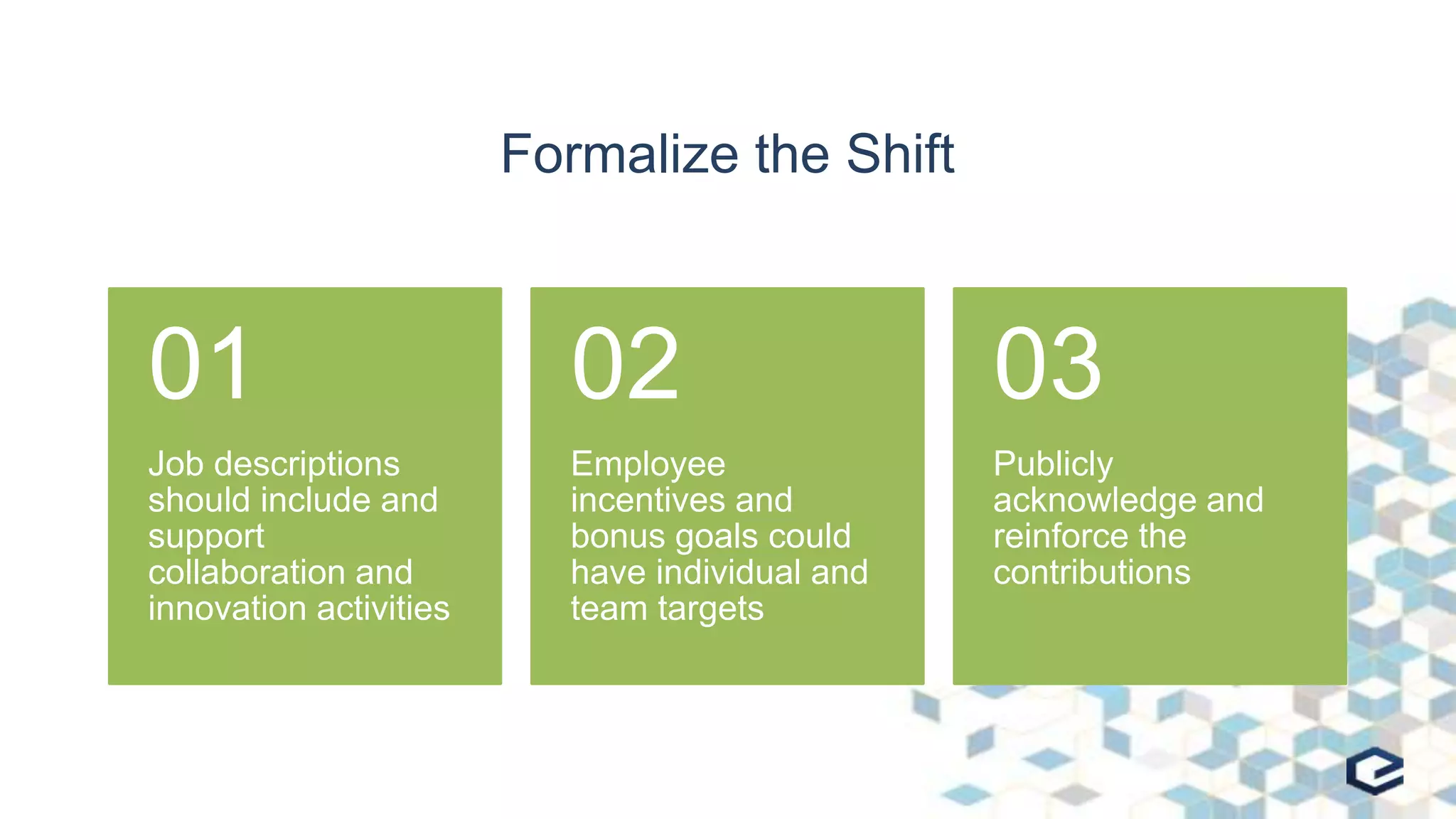 Formalize the Shift
Job descriptions
should include and
support
collaboration and
innovation activities
01
Employee
incentives and
bonus goals could
have individual and
team targets
02
Publicly
acknowledge and
reinforce the
contributions
03
 