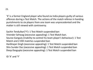 23.

‘X’ is a former England player who found six India players guilty of various
offences during a Test Match. The actions of the match referee in handing
punishments to six players from one team was unprecedented and the
matter is still viewed with controversy.

Sachin Tendulkar(‘Y’): 1 Test Match suspended ban
Virender Sehwag (excessive appealing): 1 Test Match ban.
Sourav Ganguly (inability to control his team player's behaviour): 1 Test
Match and 2 ODI matches suspended ban
Harbhajan Singh (excessive appealing): 1 Test Match suspended ban
Shiv Sunder Das (excessive appealing): 1 Test Match suspended ban
Deep Dasgupta (excessive appealing): 1 Test Match suspended ban

ID ‘X’ and ‘Y’
 