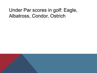 Under Par scores in golf: Eagle,
Albatross, Condor, Ostrich
 