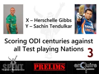 X – Herschelle Gibbs
Y – Sachin Tendulkar
Scoring ODI centuries against
all Test playing Nations
 
