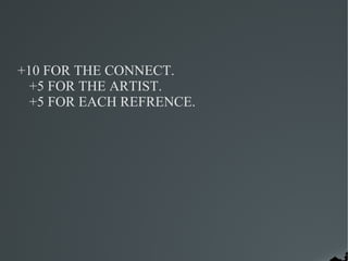 +10 FOR THE CONNECT.
  +5 FOR THE ARTIST.
  +5 FOR EACH REFRENCE.
 