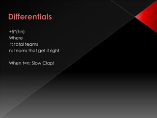 +5*(t-n)
Where
t: total teams
n: teams that get it right
When t=n: Slow Clap!
 