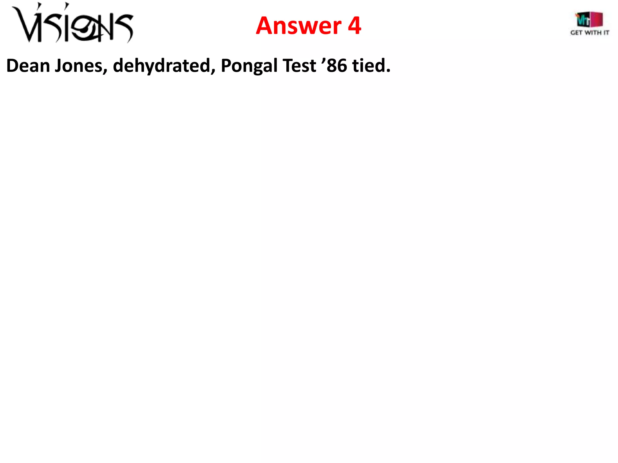 Answer 4
Dean Jones, dehydrated, Pongal Test ’86 tied.

 