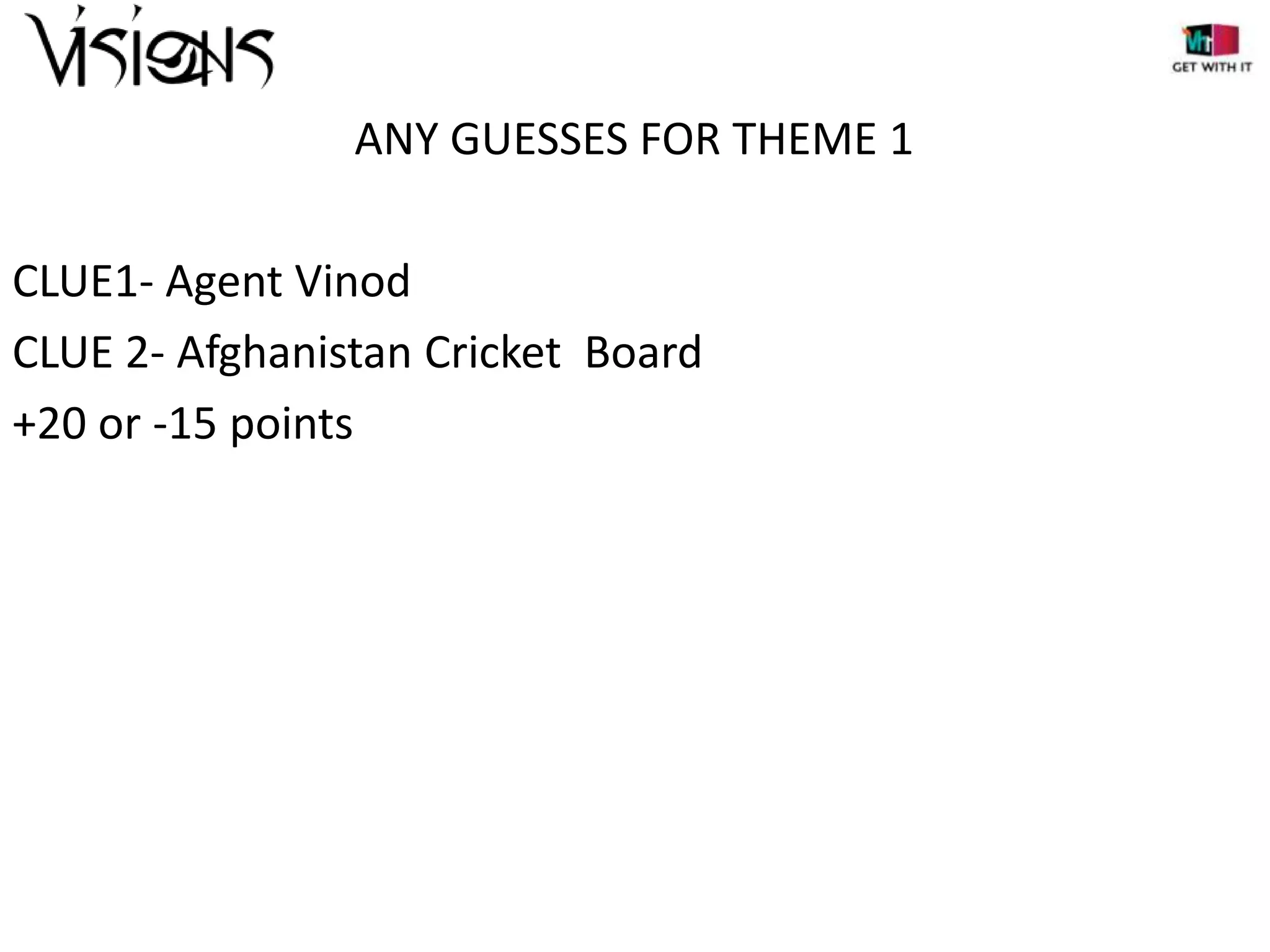 ANY GUESSES FOR THEME 1
CLUE1- Agent Vinod
CLUE 2- Afghanistan Cricket Board
+20 or -15 points

 
