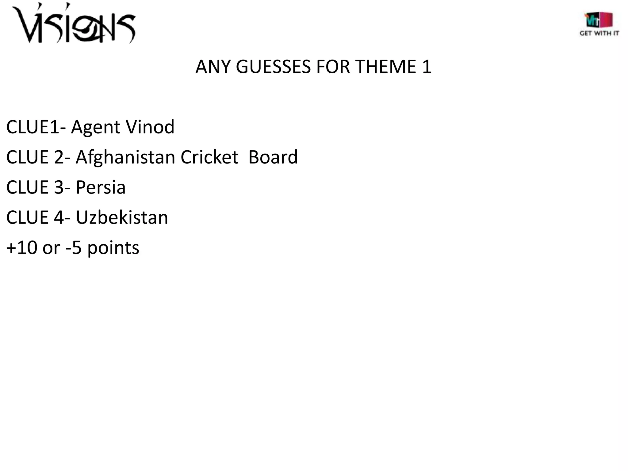 ANY GUESSES FOR THEME 1
CLUE1- Agent Vinod
CLUE 2- Afghanistan Cricket Board
CLUE 3- Persia
CLUE 4- Uzbekistan
+10 or -5 points

 