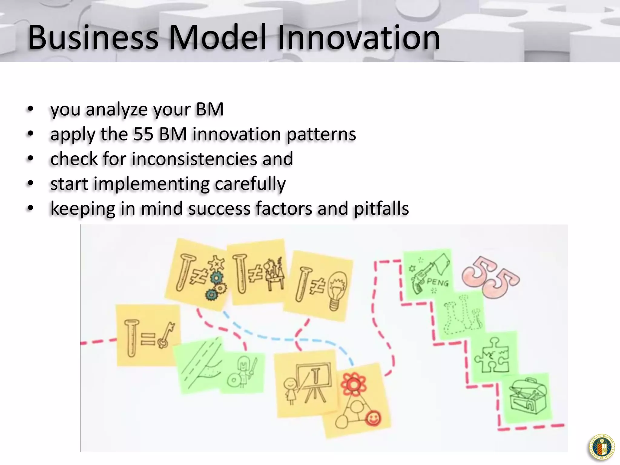 Business Model Innovation
•
•
•
•
•

you analyze your BM
apply the 55 BM innovation patterns
check for inconsistencies and
start implementing carefully
keeping in mind success factors and pitfalls

 