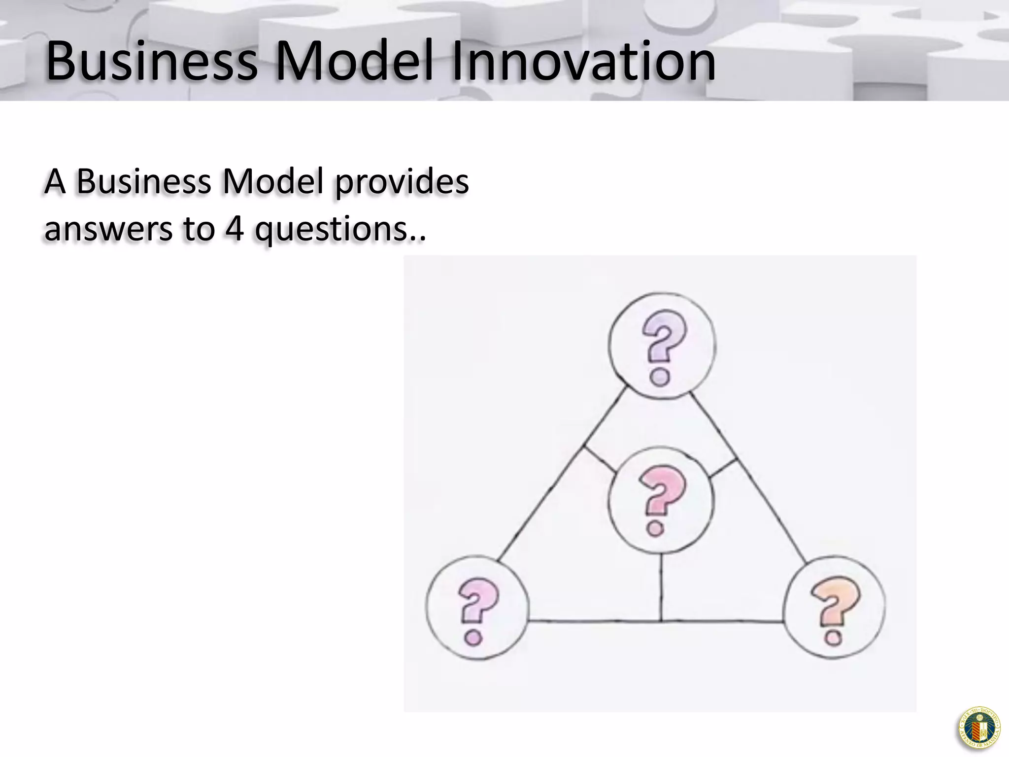 Business Model Innovation
A Business Model provides
answers to 4 questions..

 