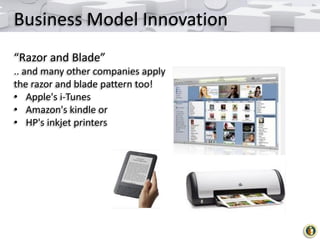Business Model Innovation
“Razor and Blade”
.. and many other companies apply
the razor and blade pattern too!
• Apple's i...