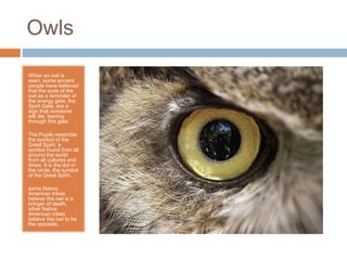 Owls
When an owl is
seen, some ancient
people have believed
that the eyes of the
owl as a reminder of
the energy gate, the
Spirit Gate, are a
sign that someone
will die, leaving
through this gate.
The Pupils resemble
the symbol of the
Great Spirit, a
symbol found from all
around the world
from all cultures and
times. It is the dot in
the circle, the symbol
of the Great Spirit.
some Native
American tribes
believe the owl is a
bringer of death.
other Native
American tribes
believe the owl to be
the opposite.
 