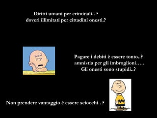 Diritti umani per criminali.. ?  doveri illimitati per cittadini onesti.?   Pagare i debiti è essere tonto..?  amnistia per gli imbroglioni….. Gli onesti sono stupidi..?   Non prendere vantaggio è essere sciocchi.. ?   